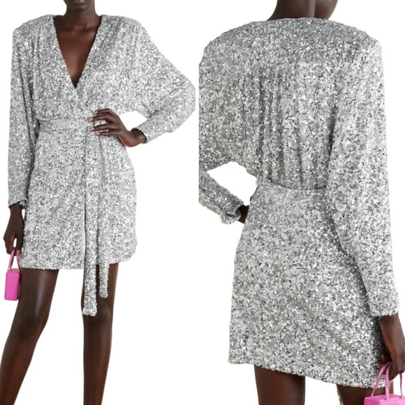 ROTATE BIRGER CHRISTENSEN Samantha Sequined Stretch Mini Wrap Dress Silver 4 - Picture 1 of 13